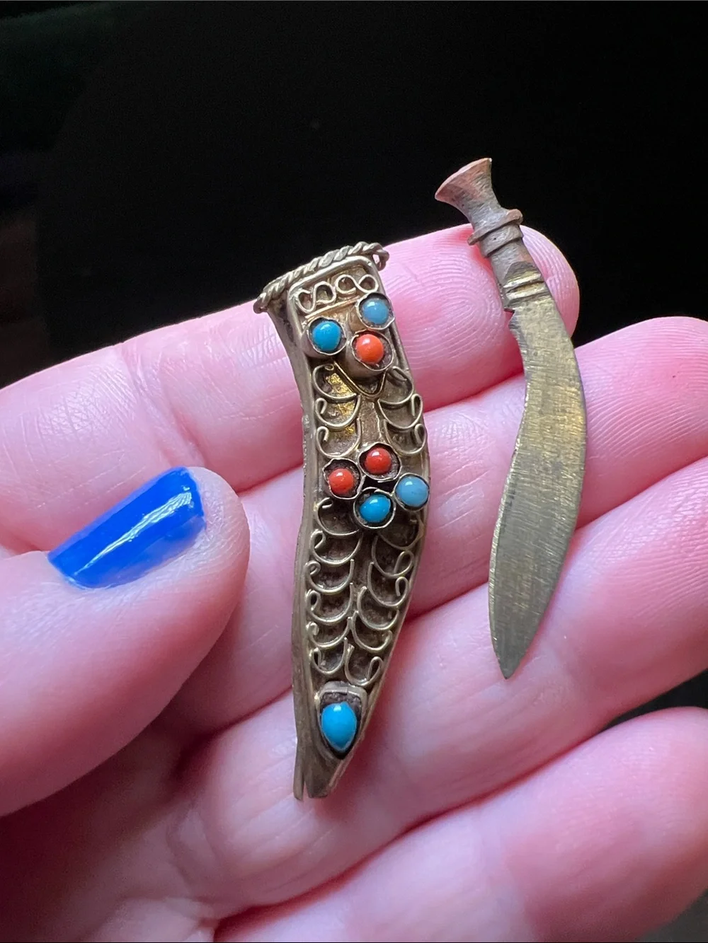 Vintage Ornate Brass Filigree Tiny Dagger Sword Shaped Brooch Pin